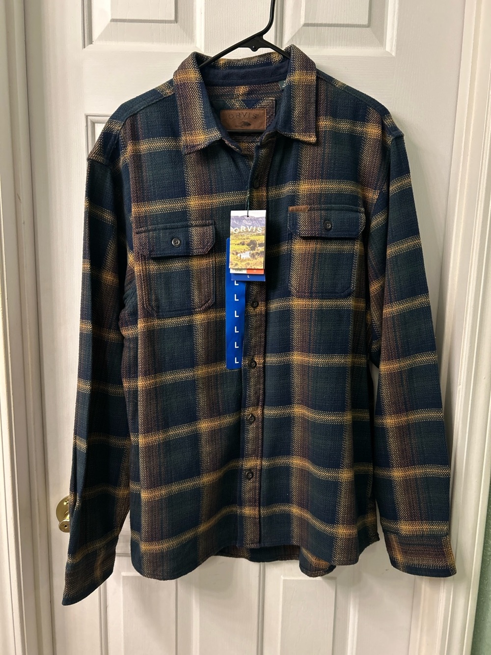 Men’s Orvis Dark Green/BrownPlaid Flannel Shirt Jacket,NWTags Hand warmer pocket